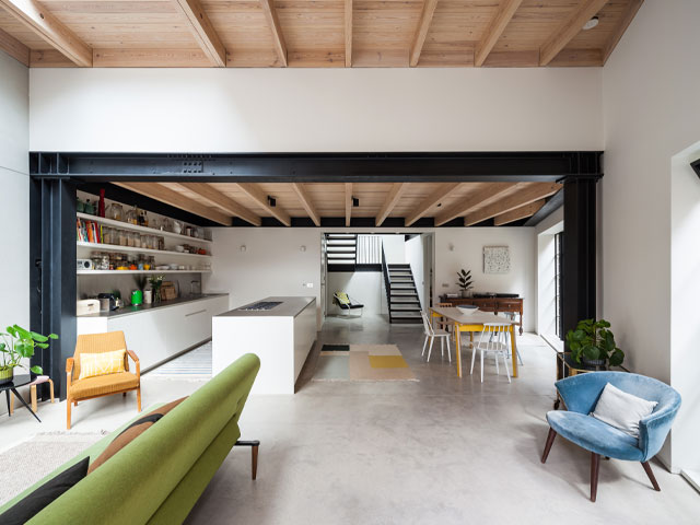 gin distillery conversion in whitechapel with timber-clad ceiling