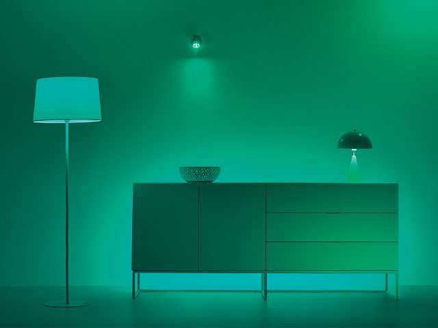 Wiz smart lights in green in a minimalist home