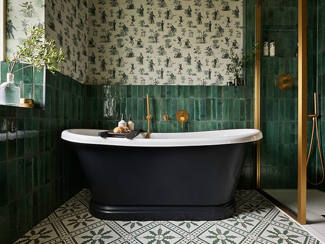 A soho house bathroom with a bathtub and tiles