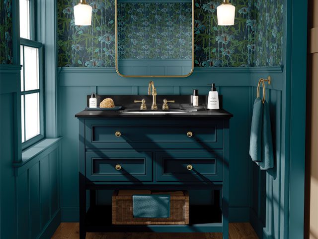 upcycled vanity unit in a teal bathroom 