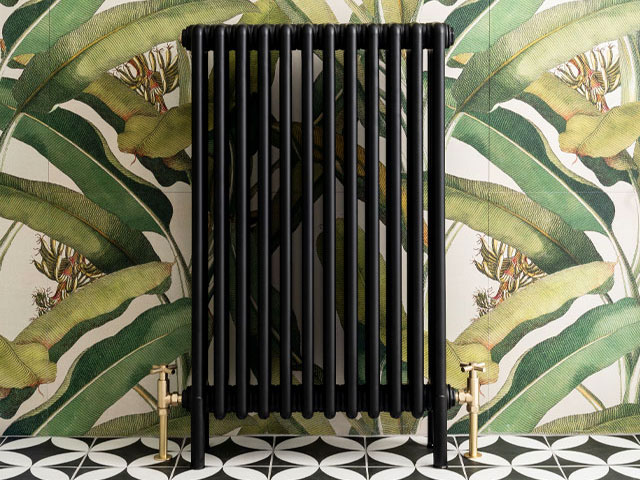 Designer radiators: traditional column radiator in black against leaf print wallpaper