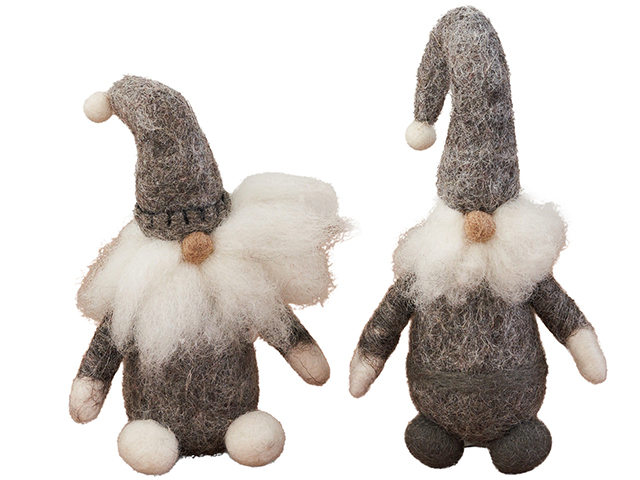wool gonks in grey and white on a white background