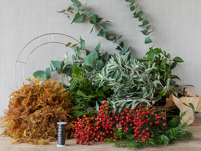 make your own christmas wreath kit with berries, eucalyptus, christmas tree branches, ring and twine