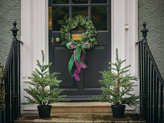 The symmetrical Christmas trees will look regal on your doorstep