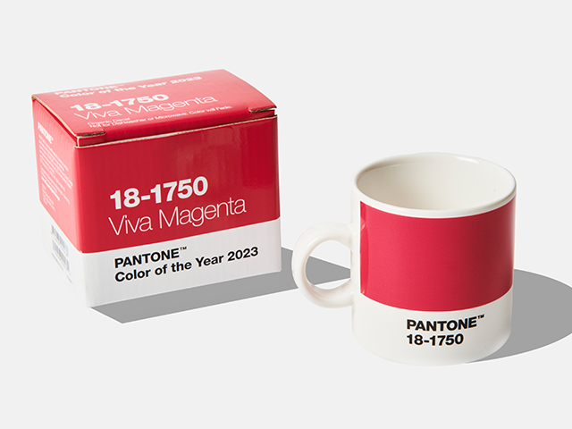 PANTONE 18-1750 Viva Magenta mug with box on a white background