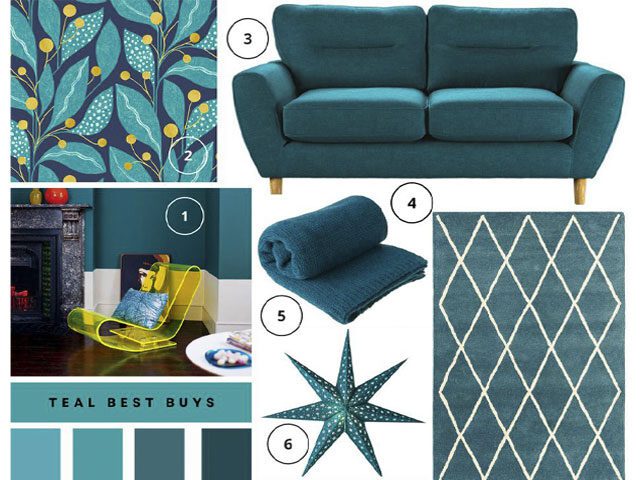 moodboard of blue green living room furniture and accessories