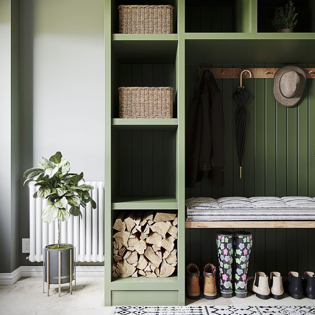 built-in open cabinet for a boot room or hall