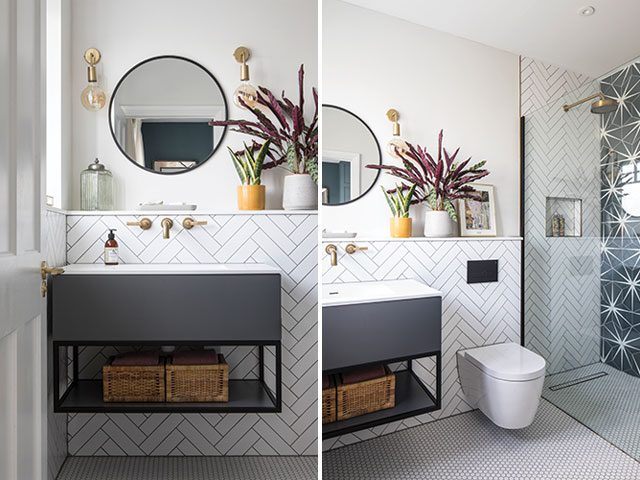 modern bathroom with white metro tiles in a herringbone pattern, grey floating vanity unit, round mirror and walk-in shower with star tiles