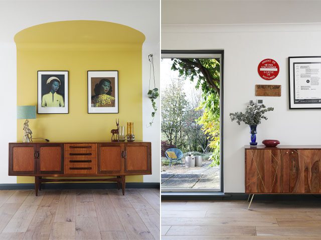 dining area with yellow arch feature wall, vintage g-plan sideboard and yellow wall art