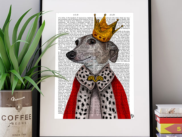 wall art featuring a greyhound wearing a crown and red robe printed on an old bible page