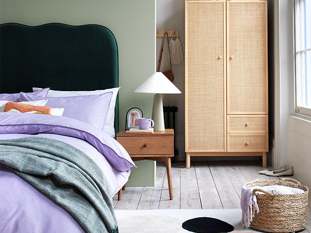 Rattan wardrobes and scalloped edges ensure a modern, fresh twist in a bedroom