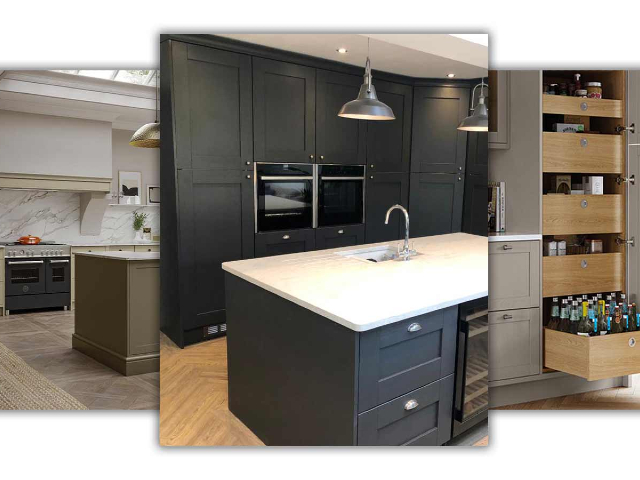 composite photo of modern kitchens with black cabinets , islands, pantry storage and bespoke features