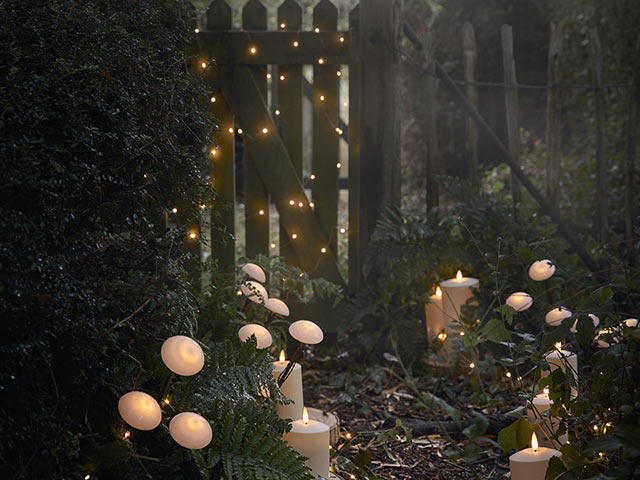 moon garden pathway leading to picket fence with candles and dimmed lights