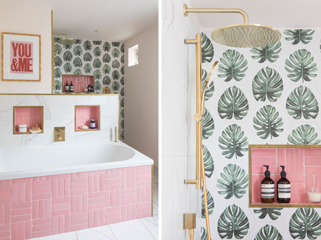 A pop of pink in the tiles and the palm print wallpaper creates a fun feel to the bathroom