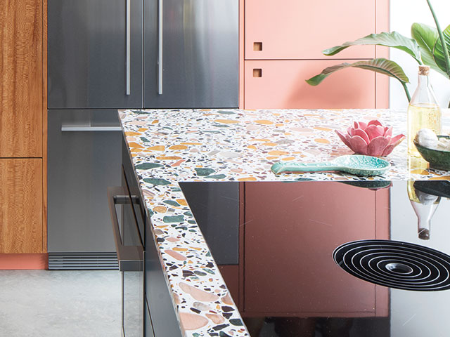 Terrazzo tiling and pink cabinetry is the perfect combination