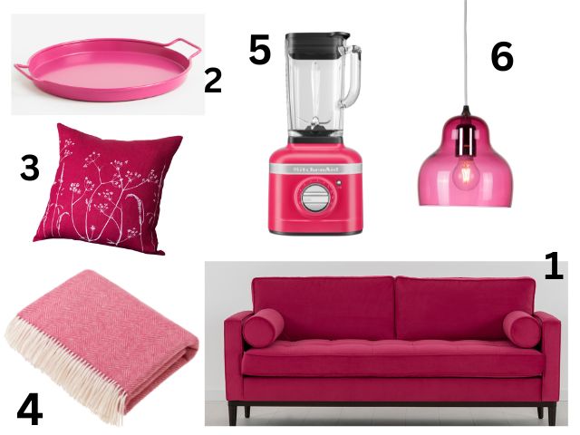 Peony pink sofa, oven dish, cushion, blanket, blender and light