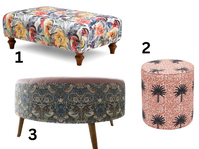 3 patterned footstools in unique designs on a white background