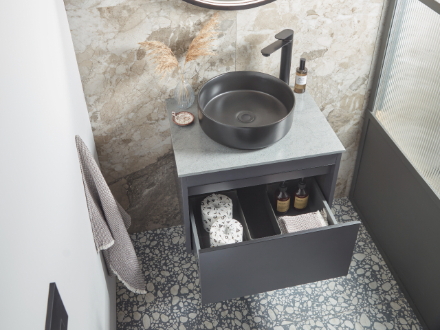 Smart storage is key in a compact bathroom