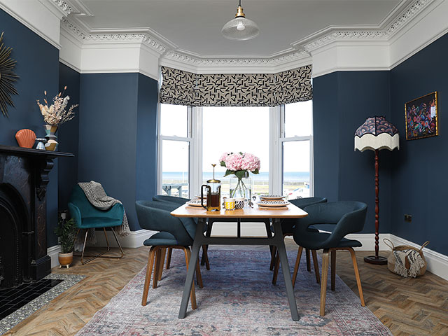 Farrow and Ball's Stiffkey Blue is the colour for the dining room walls