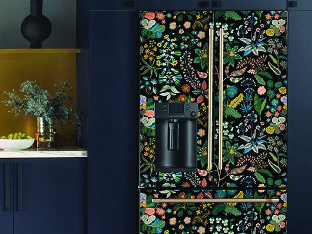 Patterned fridge in floral in dark kitchen space