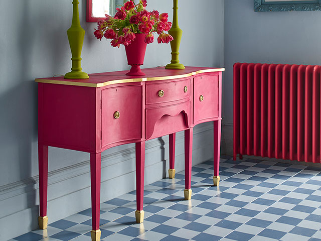 Peony pink sideboard in powder blue bedroom