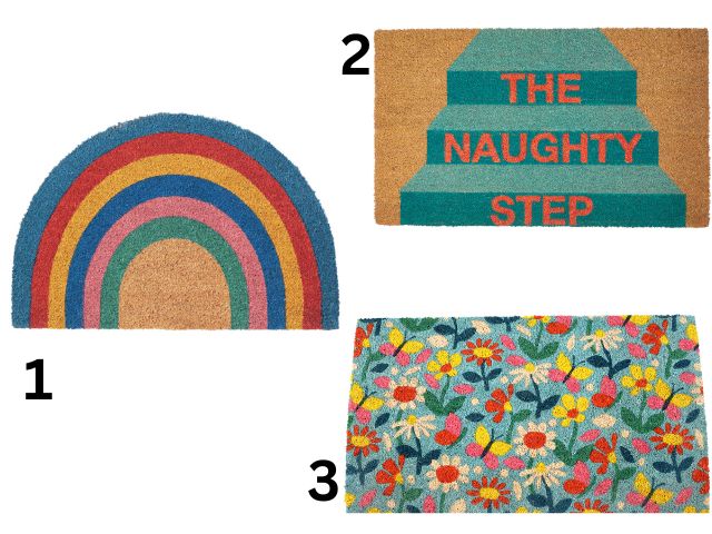 Three welcome mats on white background; rainbow map, the naughty step mat, floral mat