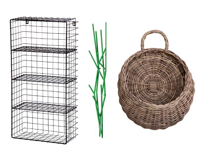 Storage for hallway: blac shelving unit, wisteria tree and wicker basket