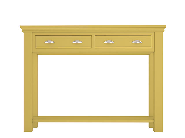 Yellow side storage table for hallway on white background