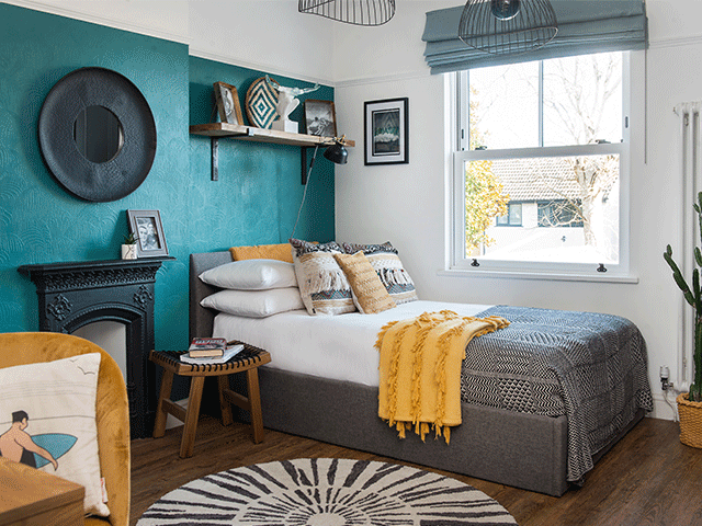 The blue bedroom was inspired by surfing