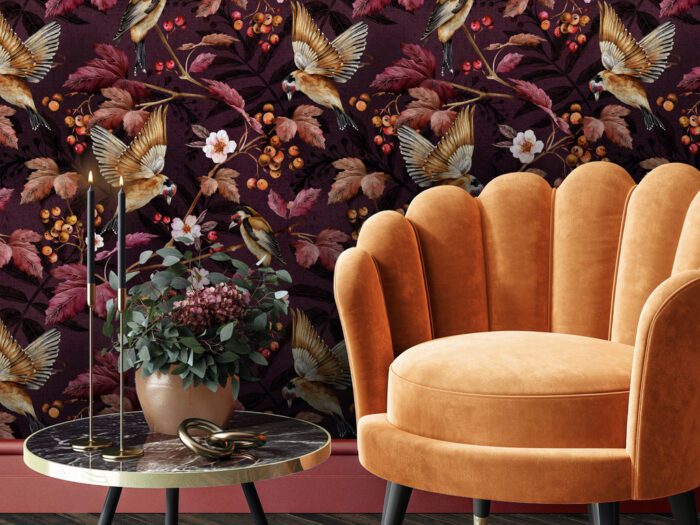 Avalana Design Goldfinches Aubergine Wallpaper