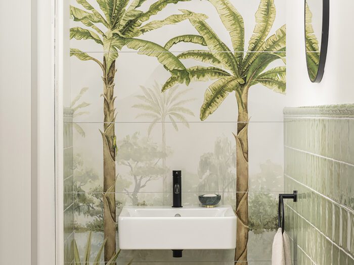 Bathroom with tile mural feature wall