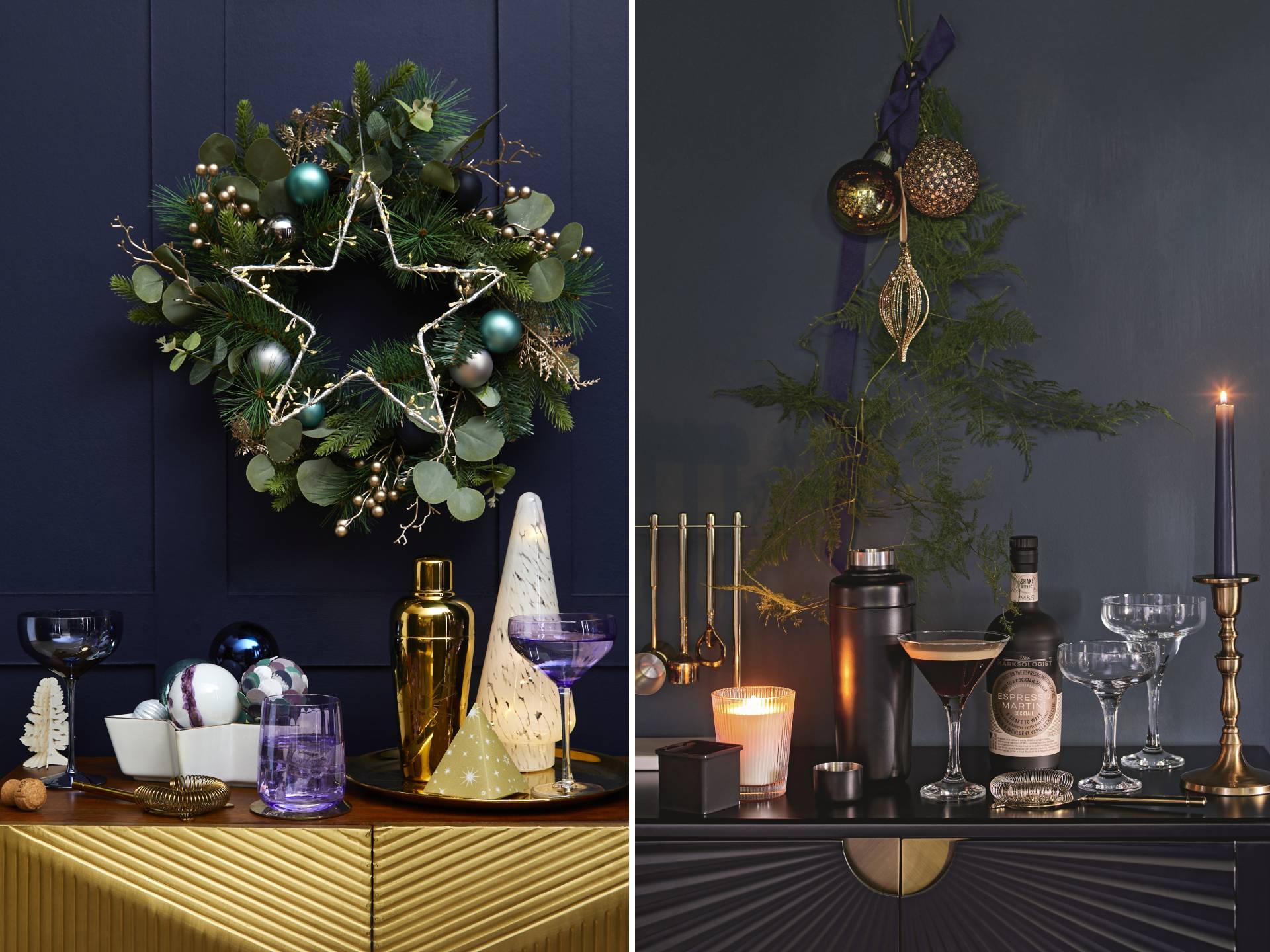 Cabinets with cocktail sets on top and Christmas foliage