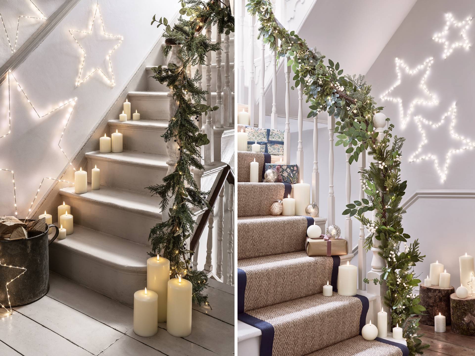 Two staircases with star lights and LED candles.