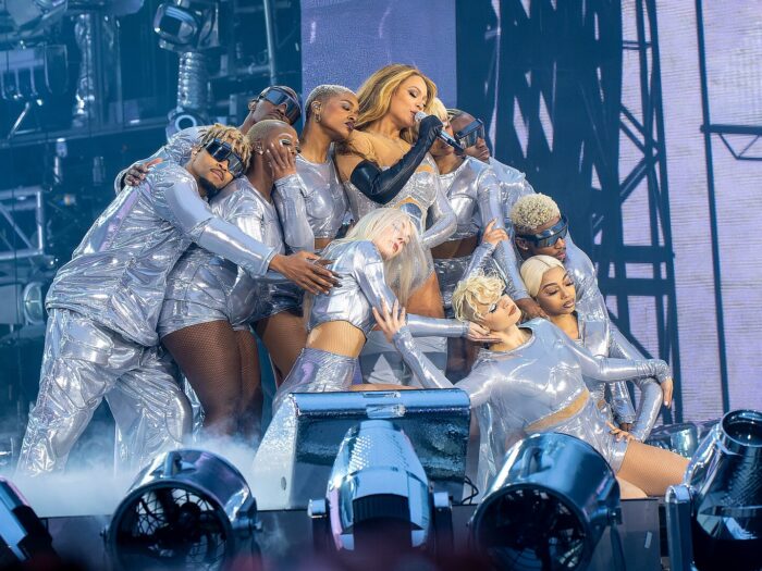 Beyoncé on the Renaissance World Tour at Tottenham Hotspur Stadium - dancers in silver outfits