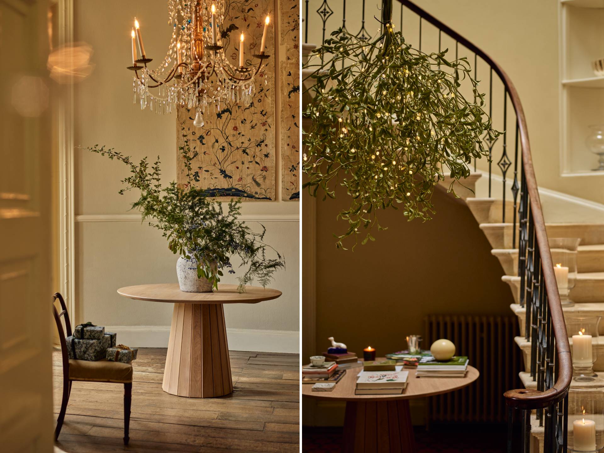 Two hallways with mistletoe centrepieces, one in a vase, one hanging.