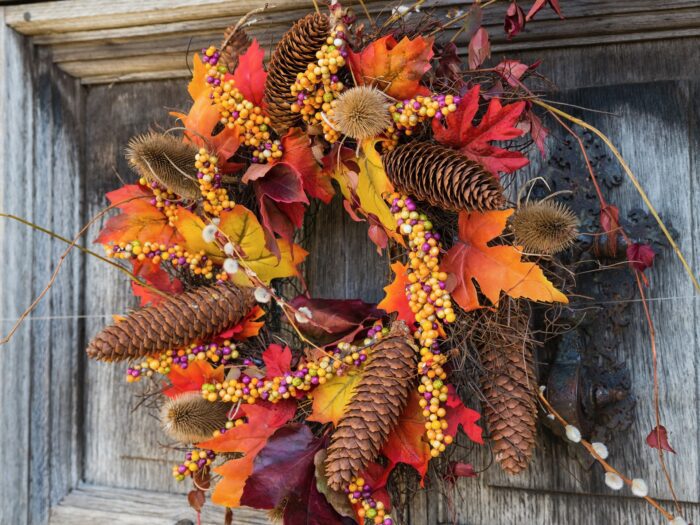 Autumnal wreath on the entrance door of the Hall at Blicking Estate, Norfolk