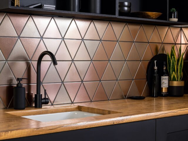 Aura Metallic Triangle Porcelain Wall Tiles on splashback