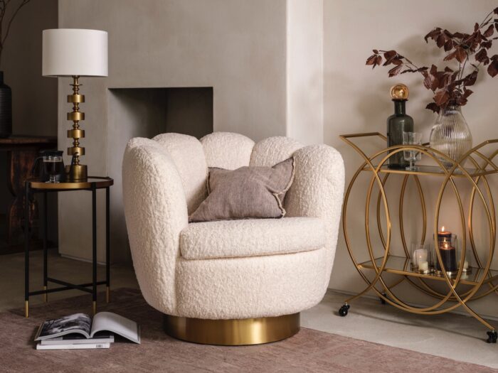 Cream boucle swivel chair with gold base