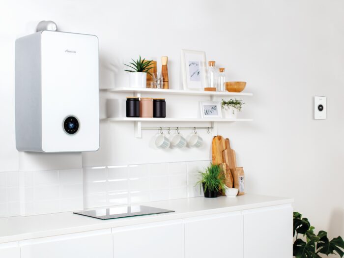 Worcester Bosch boiler in kitchen with shelves