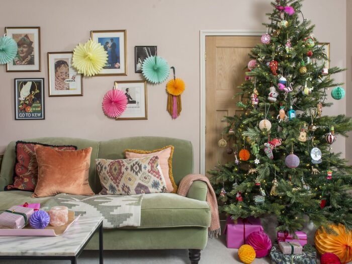 Colourfully decorated Christmas tree in living room