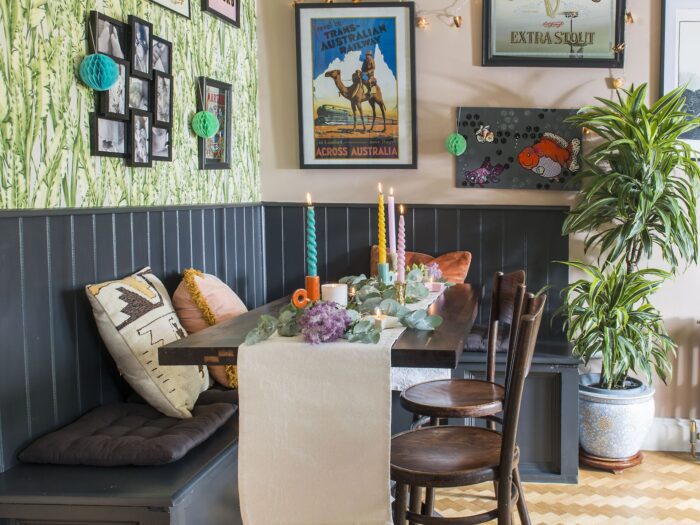 Modern dining room decorated for Christmas