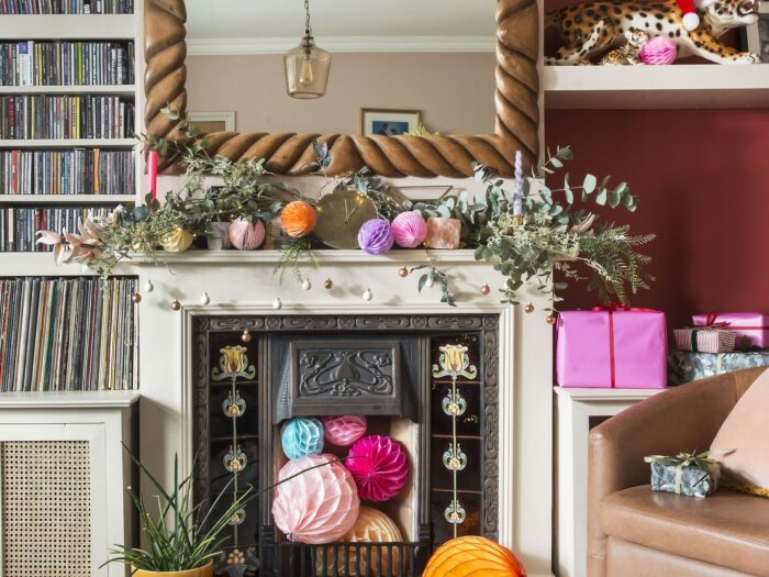 Colourful Christmas decorations in living room