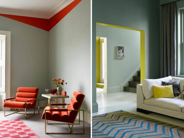 Two living rooms with flashes of paint in orange and yellow