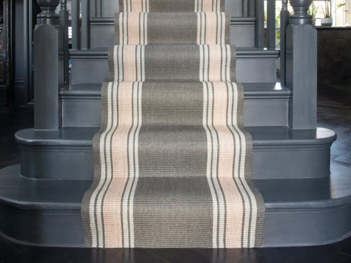 Taupe stair carpet runner with rose stripes and charcoal painted stairs