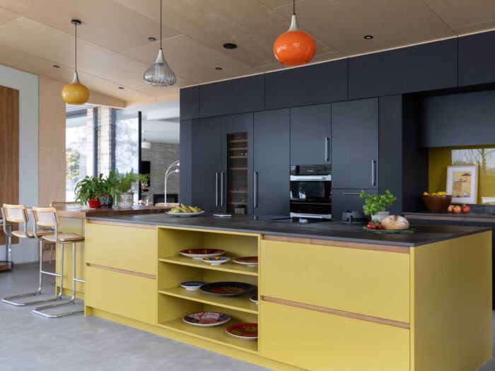 A pop of colour can be added with a kitchen island
