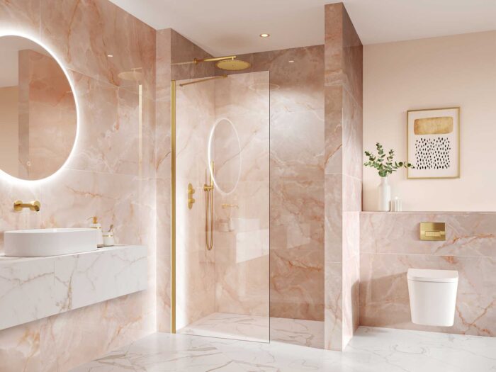 A luxurious warm colour in your bathroom tiles can create a sybaritic spathroom