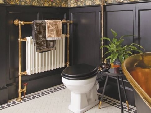Toilet with gold towel rail in bathroom