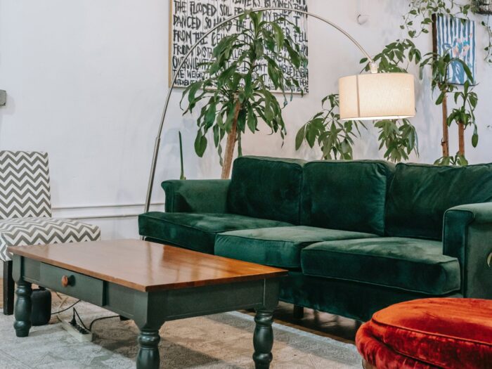 Living room with green velvet sofa and lots of plants