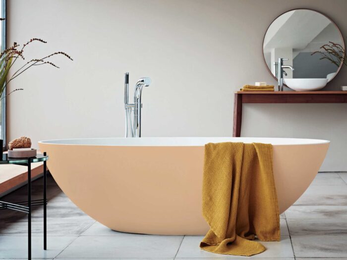 A Waters Baths of Ashbourne in peach will bring a statement look to your bathroom