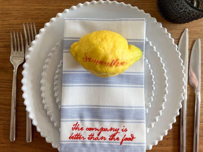 Hand embroidered napkins are a personal touch for Valentine's Day